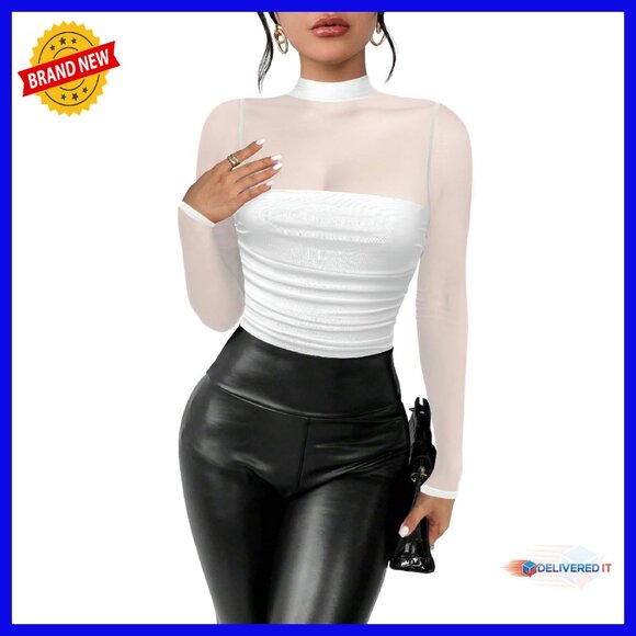 Long Sleeve Mock Neck Bodysuit Mesh Sheer Ruched Slimming Top